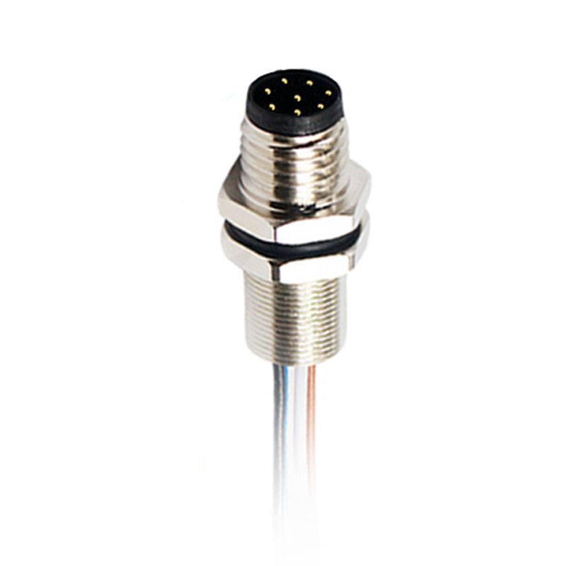 M8 8pins A code male straight rear panel mount connector,unshielded,single wires,brass with nickel plated shell